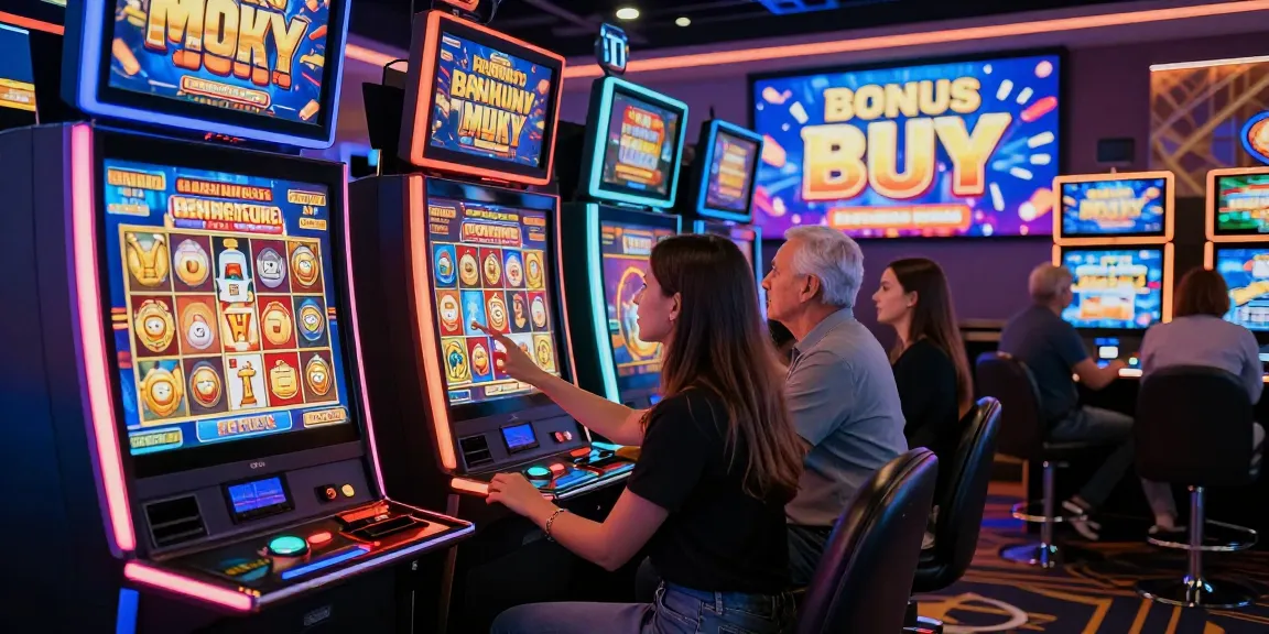 Players excitedly activating bonus buy slots in a modern casino setting, showcasing vibrant screens and festive atmosphere to access here.