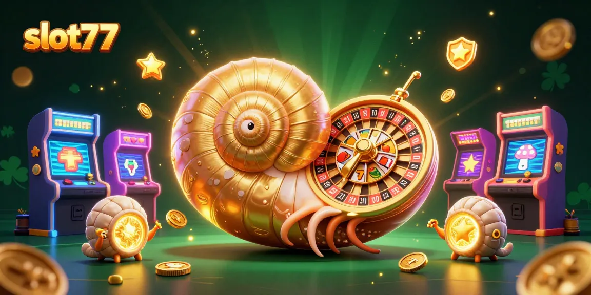 Spin and win at slot77, featuring a vibrant 3D casino scene with slot machines and golden light.