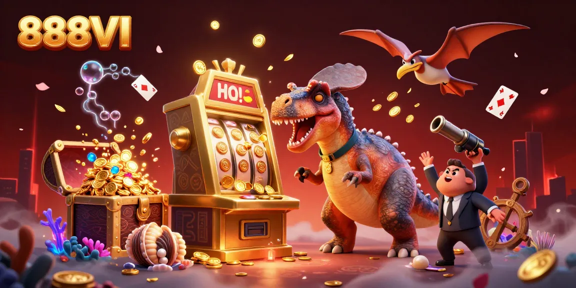 888VI showcases a pachycephalosaurus winning jackpot coins in a vibrant casino scene.