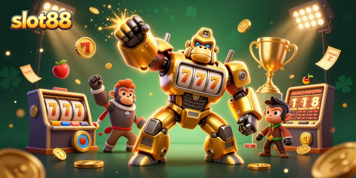 Experience thrilling slot88 action with a dynamic gorilla mech and vibrant casino symbols!