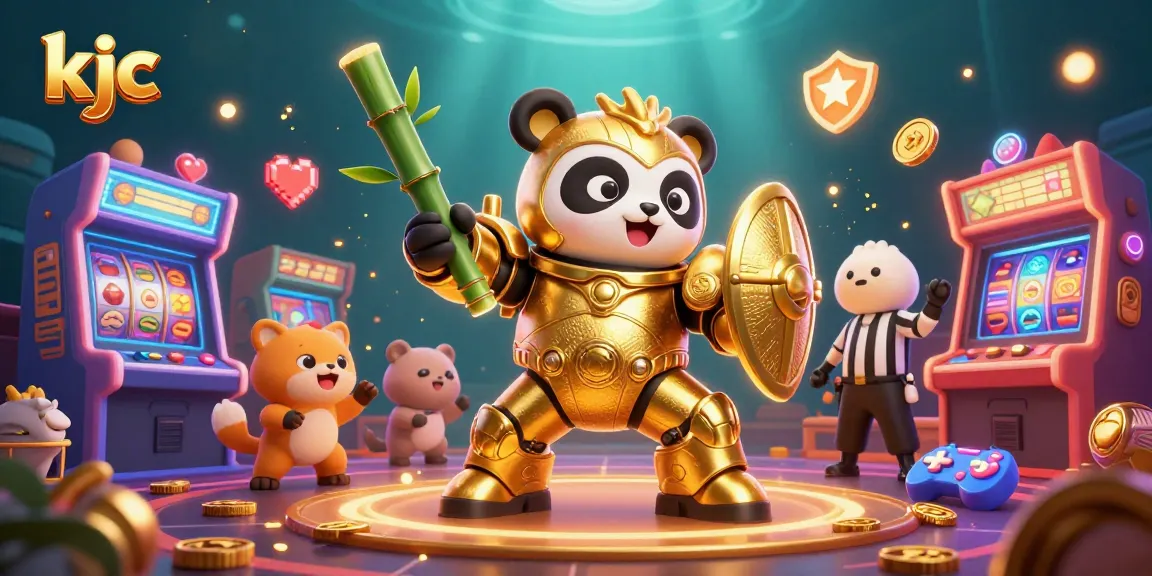KJC casino animation showcasing a mech-suit panda and more in a vibrant arcade setting.
