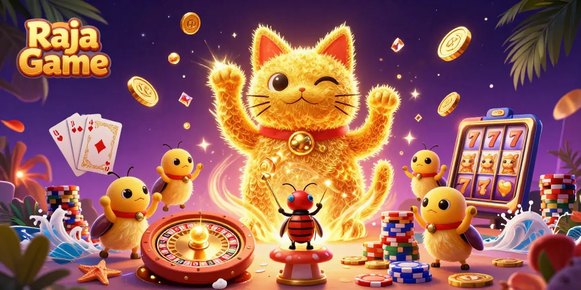 Experience the excitement of Raja Game with a vibrant lucky cat and festive casino elements.