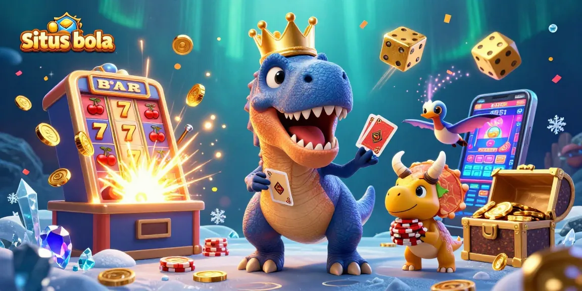 Engage with situs bola as a friendly T-Rex plays cards surrounded by vibrant casino elements.