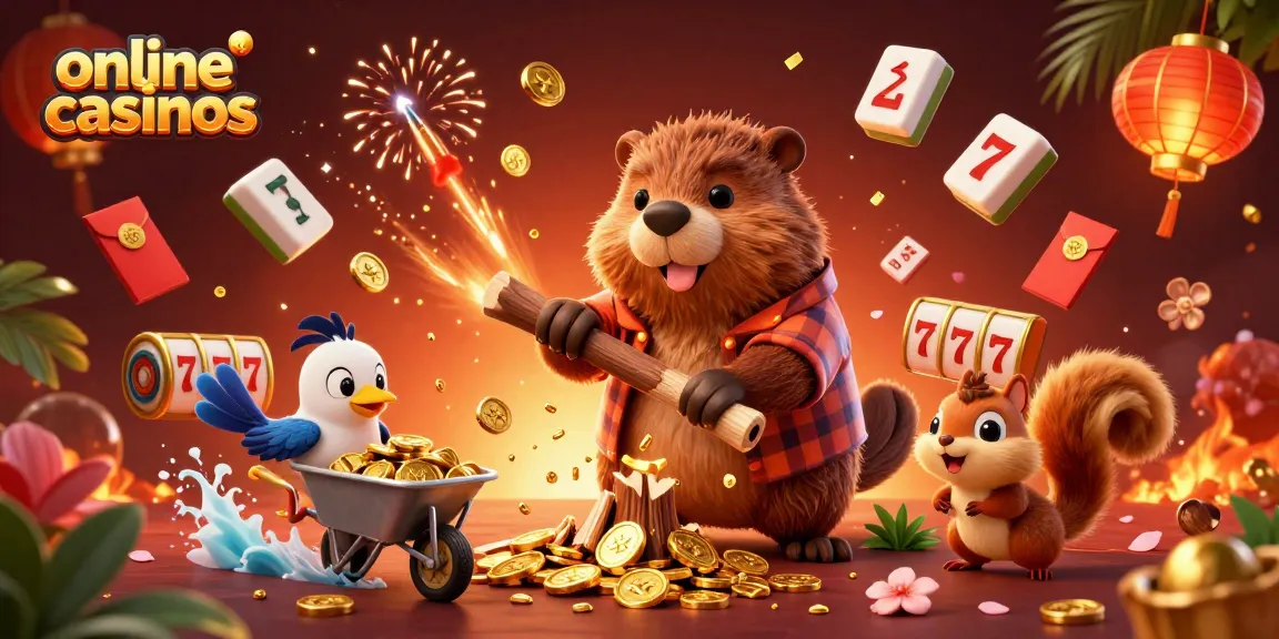 Engaging scene depicting online casinos with a beaver and friends collecting golden coins amidst vibrant slot elements.