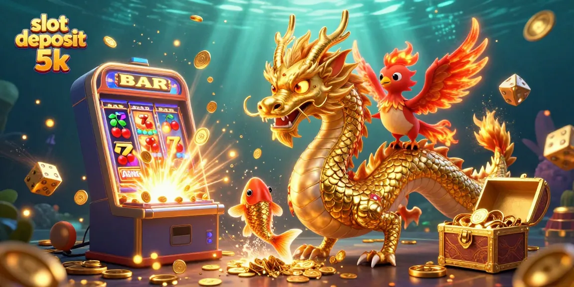 Experience the thrill of slot deposit 5k with a vibrant 3D casino illustration featuring a dragon and golden koi fish amidst a jackpot.