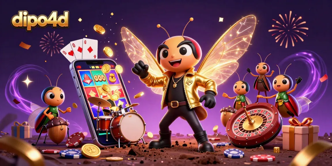 Gambar dipo4d menggambarkan cicada rock star di kasino dengan simbol slot yang berkilau.