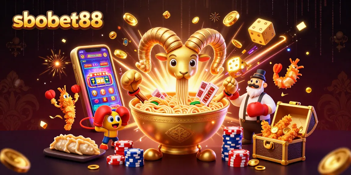 SBOBET88 showcases a vibrant scene with a giant ramen bowl character engaging in casino activities.