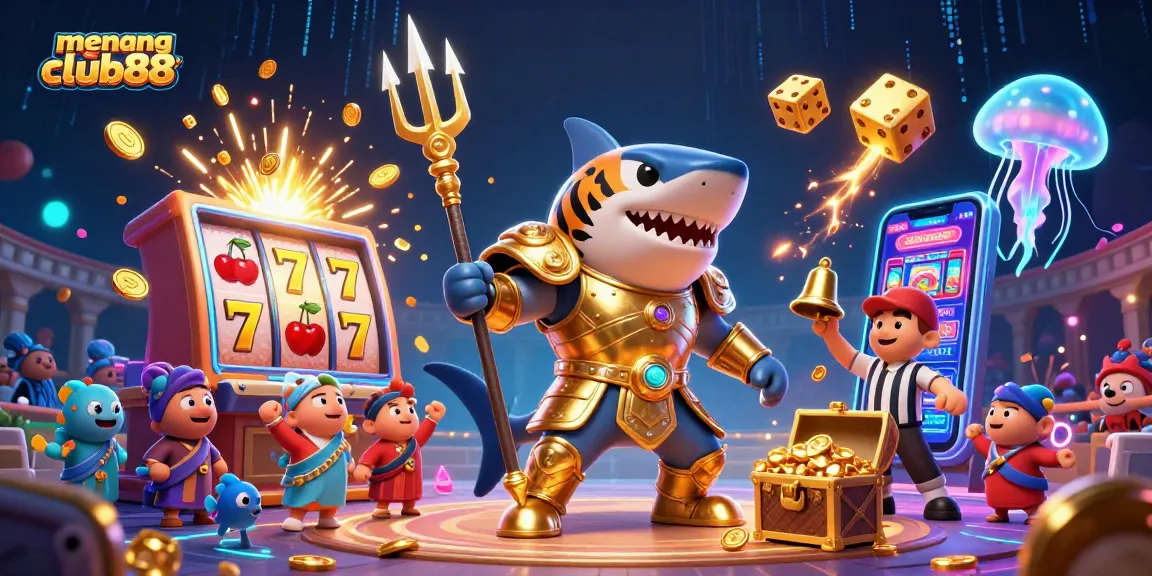 Experience the thrill of menangclub88 with a vibrant underwater casino scene featuring a gladiator tiger shark.