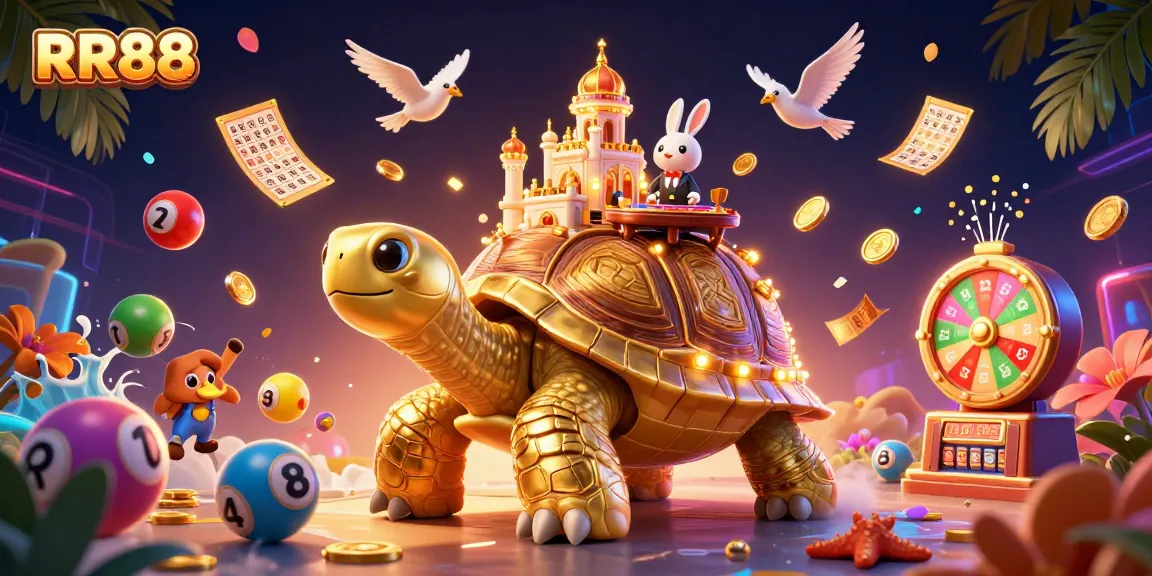 Experience thrilling gaming action at RR88 Casino with a vibrant illustration featuring a golden tortoise and rabbit dealer.